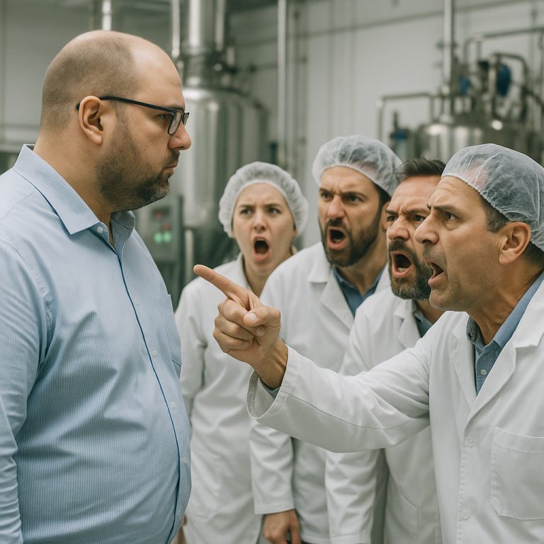 Een groep mensen in witte jassen wijst beschuldigend naar een auditor