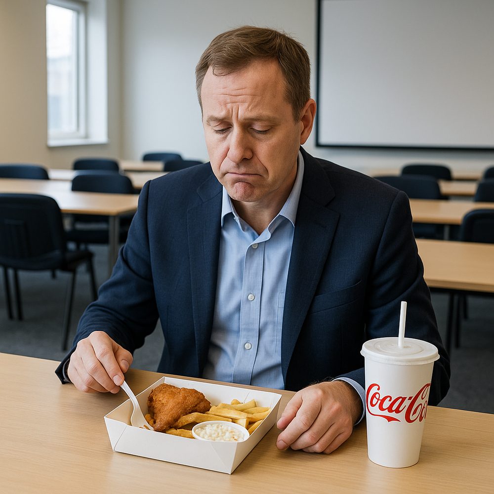 Een man eet teleurgesteld een koude maaltijd uit een kartonnen bakje