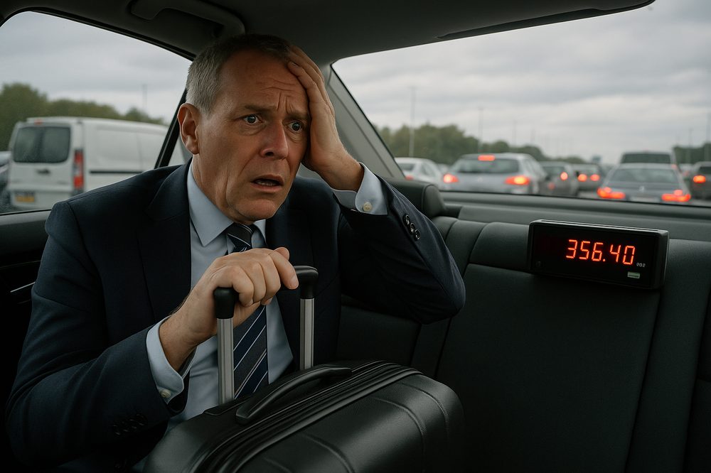 Een gestreste man in pak kijkt naar een taxameter die honderden euro's aangeeft